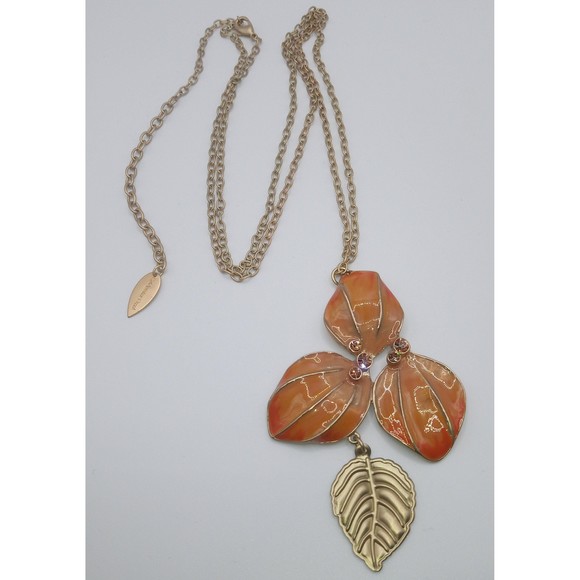 Coldwater Creek Enamel Orange Flower Gold Tone Leaf Pendant Necklace - Picture 6 of 10